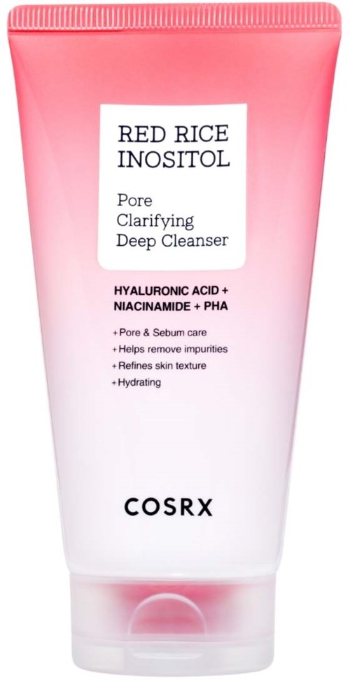 Pinkfarbige und weiße Tube mit Reinigungsprodukt und schwarzem und weißem Etikett mit Markenname COSRX und Produkteinformationen.