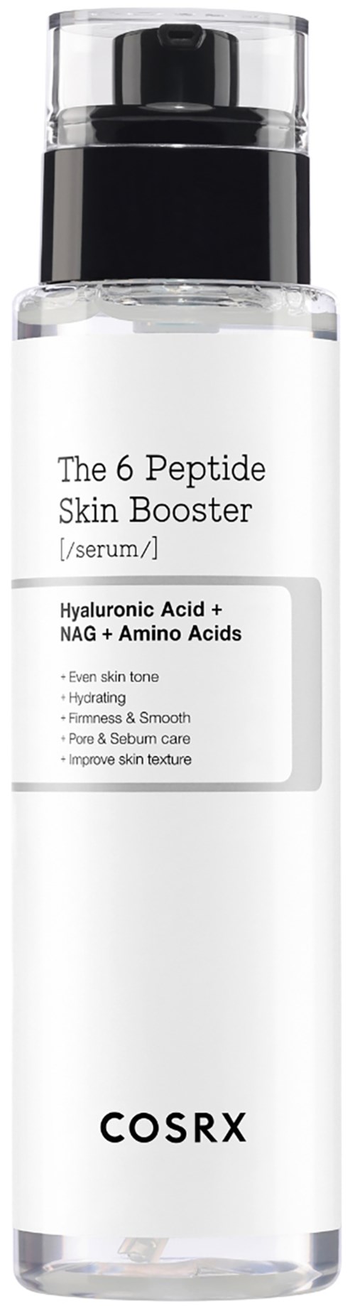 En klar flaska med pump innehåller 'The 6 Peptide Skin Booster' serum, märkt med ingredienser och fördelar.