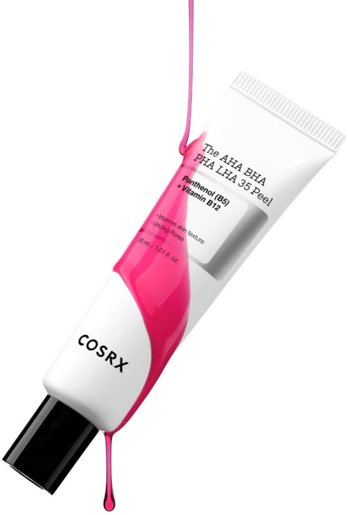 Eine Tube von COSRX Hautpflege mit pinker Flüssigkeit, die ausläuft, und einem Etikett mit Säuren und Vitamin B12.