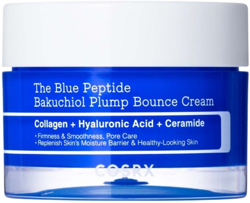 Blue container of Bakuchiol plump bounce cream with ingredients listed including collagen, hyaluronic acid, and ceramide.