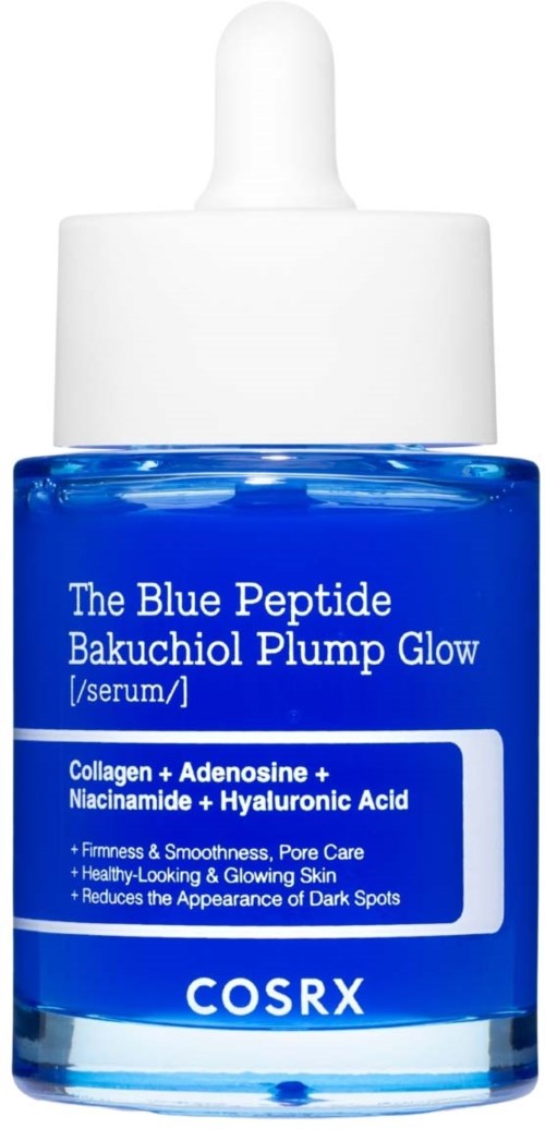 A blue serum bottle with a white dropper cap, labeled The Blue Peptide Bakuchiol Plump Glow by COSRX.