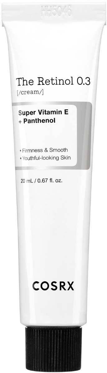 A white tube of cream labeled 'The Retinol 0.3' with mentions of Vitamin E and Panthenol for youthful skin.