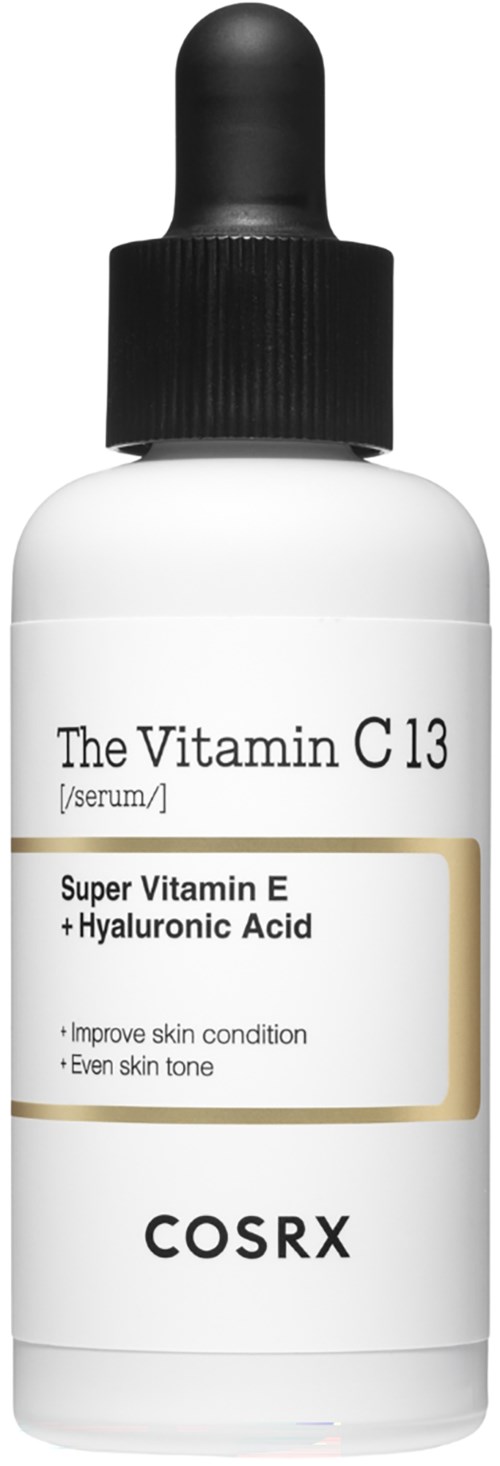 En vit flaska med svart dropplock, märkt som The Vitamin C13 serum med super vitamin E och hyaluronsyra.