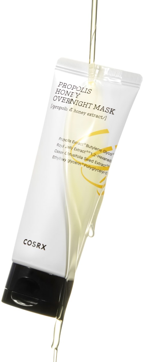 En tub med hudvårdsprodukt märkt 'Propoli's Honey Overnight Mask' med honung och propolis. Tuben är öppen och flytande rinner ut.