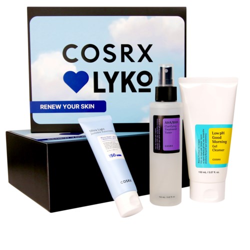 Set of skincare products: toner, sunscreen, and gel cleanser, with a black and white box in the background.