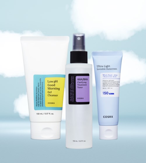 Three skincare products: a gel cleanser, a clarifying toner, and an invisible sunscreen with SPF 50.