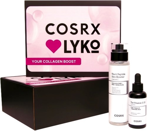 Cosrx skincare products with a pink and white branding box, includes bottles of serum and dropper-style liquid.
