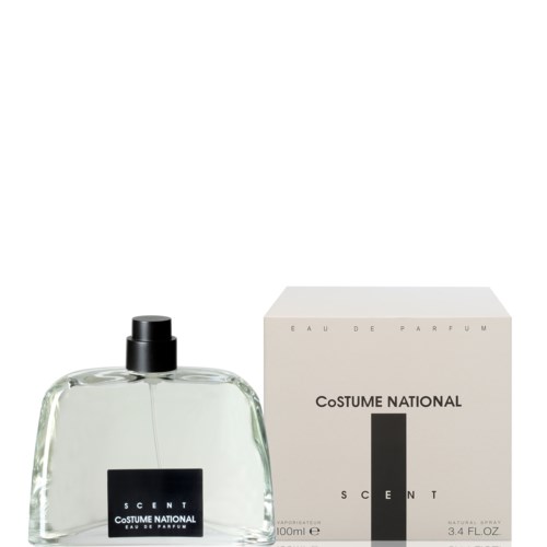 En parfymflaska och box märkt 'COSTUME NATIONAL SCENT' av plast och papper.