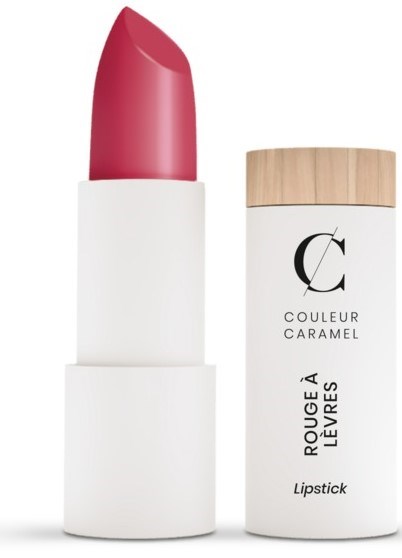 Ein rosa Lippenstift in weißem Behälter mit Holzdeckel und schwarzem Text.