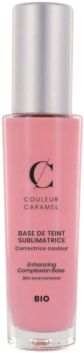 Valkoinen meikkapullo hopeisella kannella, etiketti kertoo "Couleur Caramel" ja "Base de Teint Sublimisatrice."