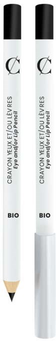 Two white pens with black caps, labeled as eyebrow pencils, with one having a visible tip.
