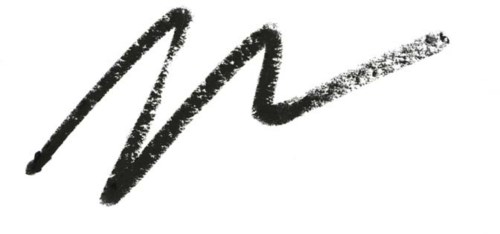 A black, textured, scribble-like mark on a white background.