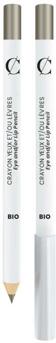 Two white pens labeled 'CRAYON YEUX OEUFLUORES' and 'BIO', with silver caps, are displayed vertically.