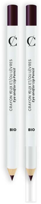 Two white lip liner pencils with dark purple caps and black text, labeled 'CRAYON MENY VÉTUIVRES' and 'BIO' at the bottom.