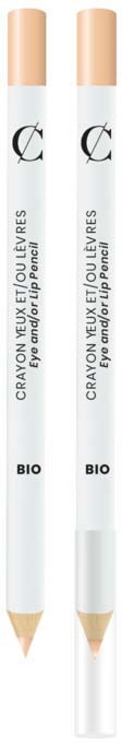 Two white pencils with beige tips and black text, labeled 'CRAYON YEUX EYESHADOW' and 'BIO'.