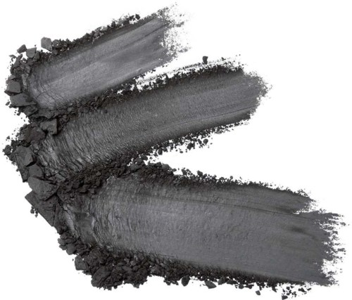 Three dark gray streaks of lipstick or paint on white background, with rough edges and some powder around.