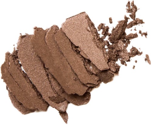 A broken, brown eyeshadow or makeup powder with several fragments on a white background.
