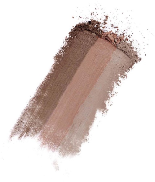 Bildet viser tre forskjellige nyanser av brunt makeuppulver i rektangulære former som berører hverandre.