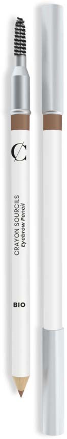Ett kosmetiskt produkt med två ändar, en borste och en penna, märkt som ögonbrynspenna och concealer.