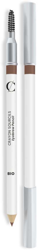 A brow pencil with a spoolie brush, white body, and light brown and white cap.