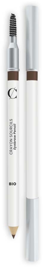 A white cosmetic pencil with a brush tip and an attached cap, labeled for eyebrow use. There is also a matching cap.