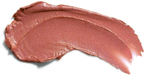 Ett virvat av rosa-brun läppstift med ett glänsande glitter på en vit bakgrund.