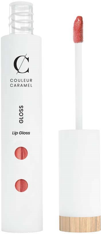 Ein weißer Lipgloss-Flasche mit Pinselapplikator, Markenname 'COULEUR CARAMEL', und rote Kreise an der Seite.
