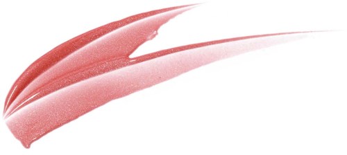 Ein rosa-orangen Lippenstiftstrich mit geschwungener Form auf weißem Hintergrund.