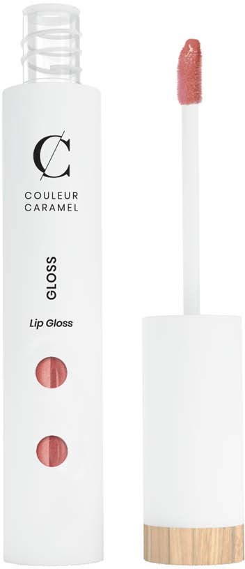 Eine weiße Lipgloss-Flasche mit einem Applikator, der pinken Glanz zeigt, beschriftet 'Couleur Caramel'.