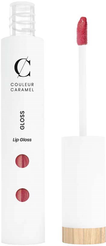 Eine weiße Lippenstiftflasche mit Holzdeckel, geöffnet, um den pinken Gloss-Applikator zu zeigen.