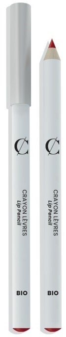 En vit läpppenna med röd spets och vit cap, märkt "CRAYON LEVER" och "BIO."