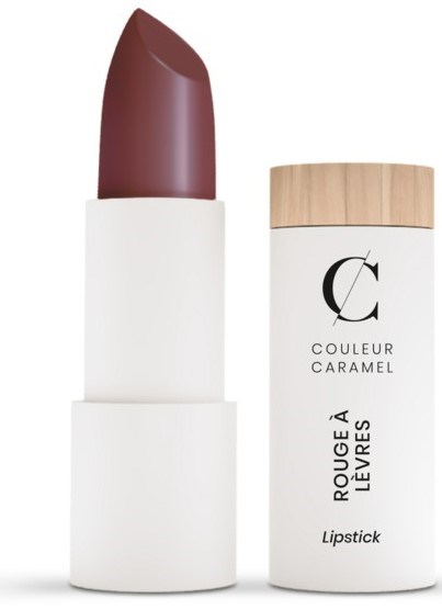 A lipstick with a brownish shade in a white tube with a wooden cap and black text.