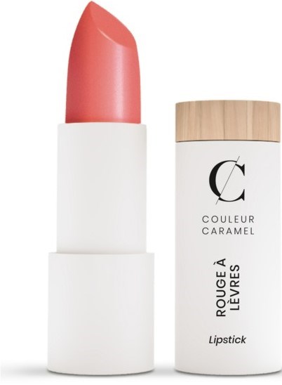 A lipstick with a pink shade in a white holder and a matching white container with black text.
