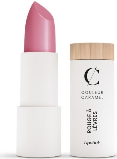 Pink lipstick in a white case with a wooden cap, labeled 'Couleur Caramel Rouge à Lèvres Lipstick'.