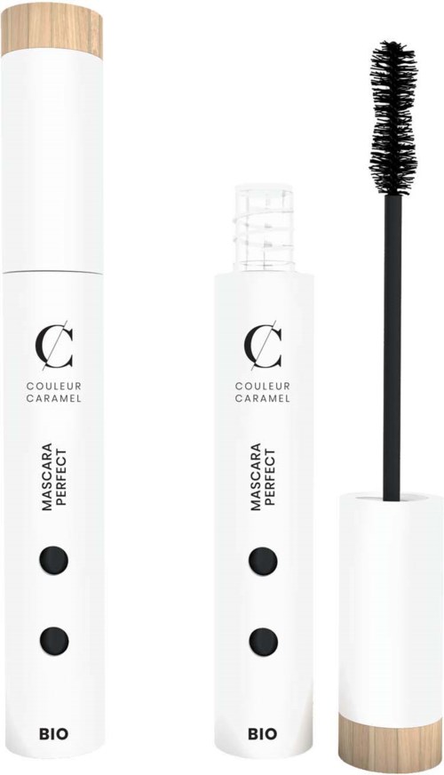 Två vita mascaratuber med svarta prickar och en borste, del av en kosmetikserie.