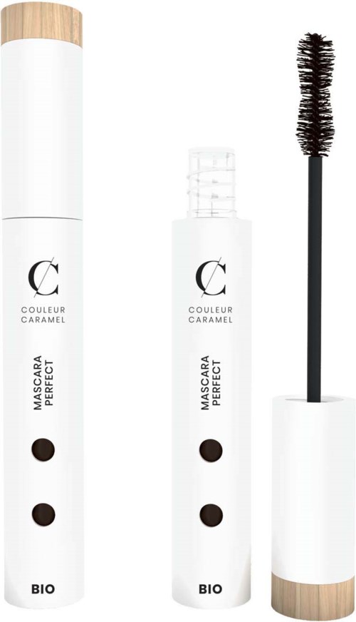 Två vita ögonfransmascara-rör, ett med borste, märkt "Mascara Perfect" och "Couleur Caramel," med svarta prickar.