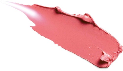 Ett streck av rosa läppstift eller färg på en vit bakgrund. Det är tjockt och har struktur med en spets.