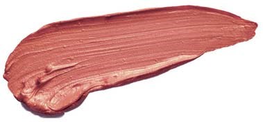 A thick, curved smear of pinkish-brown lipstick on a white background.
