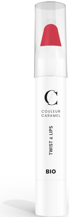 En hvit leppepompe med rød farge, merket 'COULEUR CARAMEL' og 'BIO', kalt Twist & Lips.