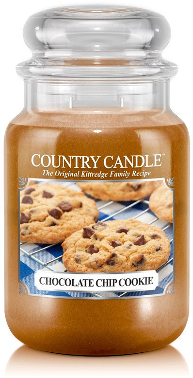 Ett stort glasljus med doft av chocolate chip cookies, visar kakor på etiketten och ett genomskinligt lock.