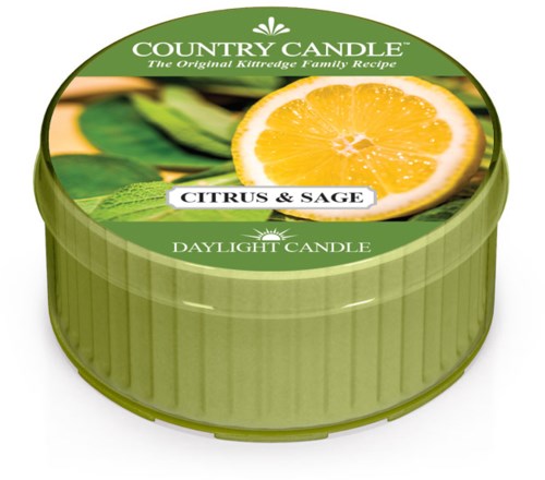 Ronde groene kaarsverpakking met afbeeldingen van sinaasappel en citroen. Label zegt "Country Candle" en "Citrus & Sage".