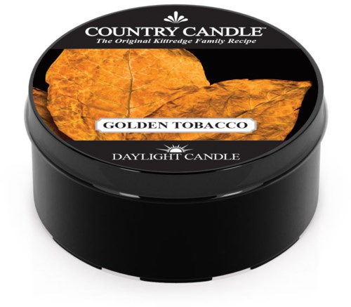 Rund svart behållare med etikett som visar brinnande löv och text om Golden Tobacco doft och dagsljusljus.