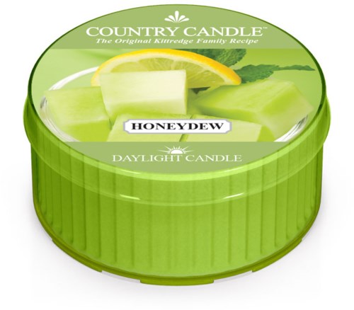 En grön rund ljusbehållare med en citronskiva och myntablad på, märkt 'Country Candle' och 'Honeydew'.