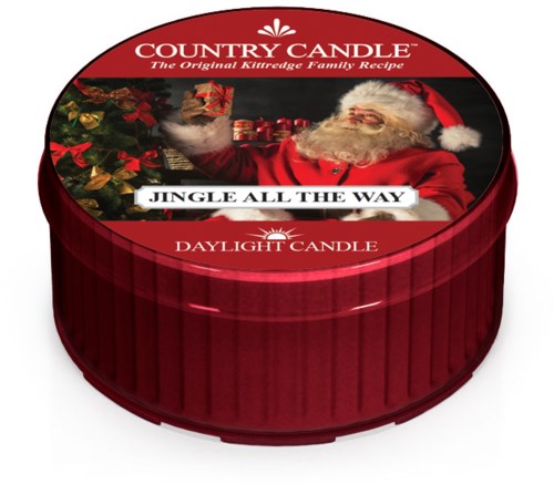 Ympyräinen punainen kynttilärasia joulupukin, lahjojen, joulukuusen ja tekstin "JINGLE ALL THE WAY" ja "COUNTRY CANDLE."