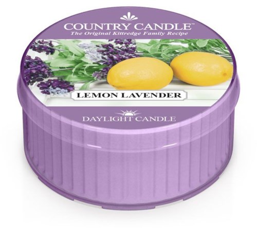 En lila doftljus med citronlavendellukt i en rund burk med citroner och lavendel på etiketten.
