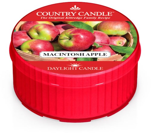 Rund röd doftljus med äppelbilder och etikett som säger "Macintosh Apple".
