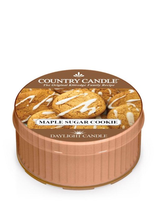 Ett runt behållare med kakor, markerad "Maple Sugar Cookie," med karamellfärgad och kakbild på toppen.