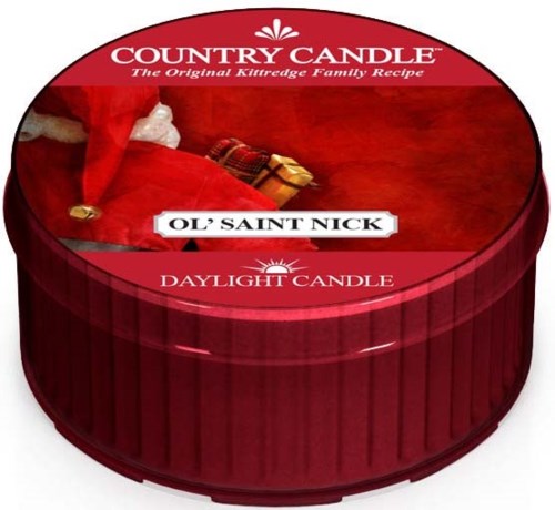 A round red box labeled 'Country Candle' with a Christmas theme, including a Santa hat and gifts. Daylight Candle scent.