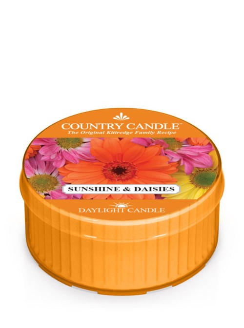 Rund orange ljusburk med blomsteretikett, visar rosa och orange blommor, märkt "Sunshine & Daises."