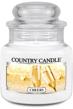 Ett klart glaslykta med etiketten 'Country Candle Cheers' och en schampanjglasillustration.